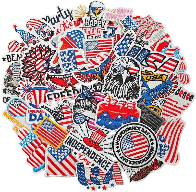 RF-patch 32 Pcs 4th of July Iron on Patches, Embroidered USA Patriotic Patch, American Flag Elemental Iron on/Sew on Patches for Clothes, Hats, Jeans, Dress, Backpacks - Image 1